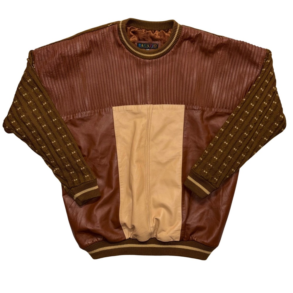 Bagazio Mens 3XL Leather Knit Patchwork Crewneck Sweater Brown Tan Vintage Style